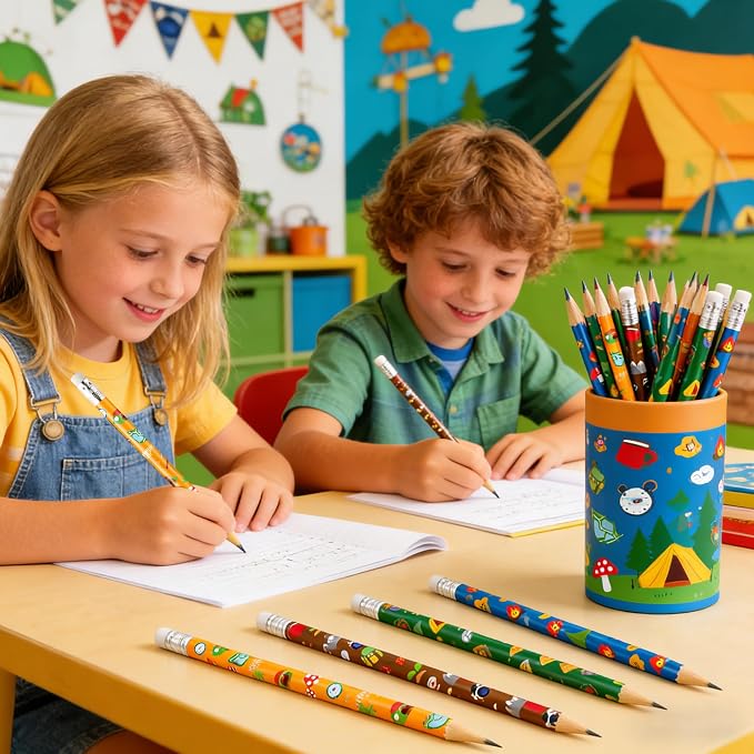 Xqumoi 60Pcs Camping Pencils with Erasers - 4 Designs #2 HB Pencils in Bulk Outdoor Camping Patterns Themed Stationery School Classroom Rewards Goodie Bag Fillers Stuffers Birthday Party Favors
