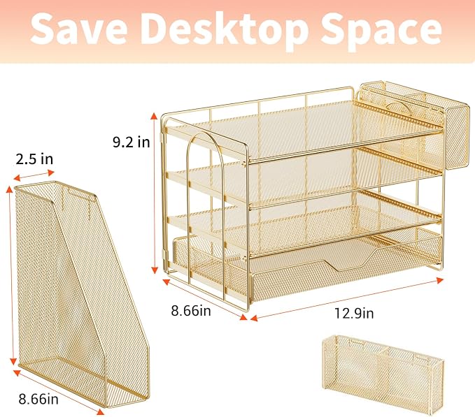 OPNICE Desk Organizer, 4-Tier Desktop File Organizer with Drawer and Pen Holders, Office Desk Accessories, File Sorters, Workspace Organizers for Office Supplies(Gold - Metal Pen Holder)