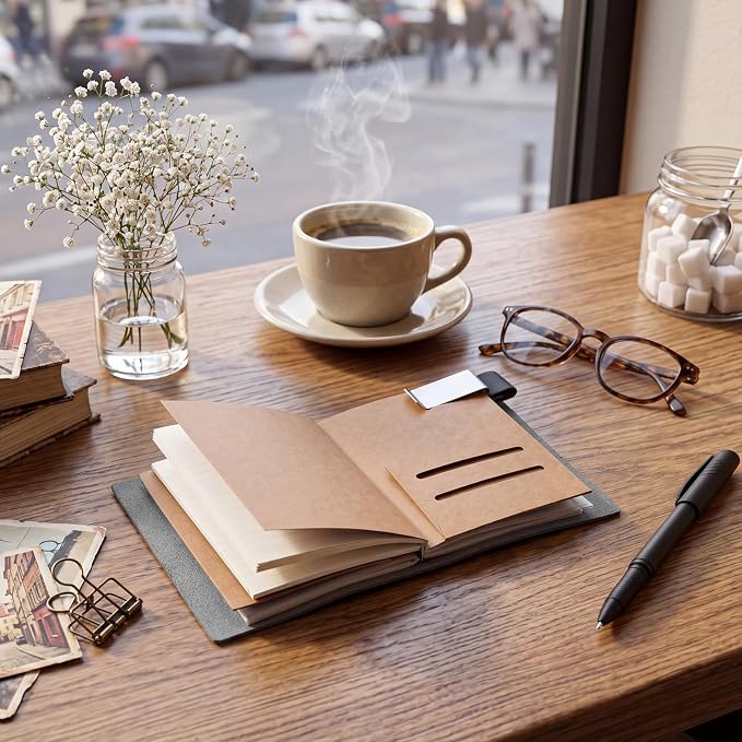Thenshop Travelers Refillable Leather Journal Notebook Travel Diary Handmade Passport Travelers Journal for Men and Women with 3 Notebook Inserts, Pen Holder, Binder Clip(Gray,Passport Size)