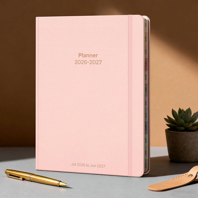 Planner 2026-2027 Monthly and Weekly Academic Planner July 2026 - June 2027, Linen Hardcover Agenda 2026-2027 Calendar Daily Planner for Student Teacher with Monthly Tabs, 7.3" x 10", Light Pink