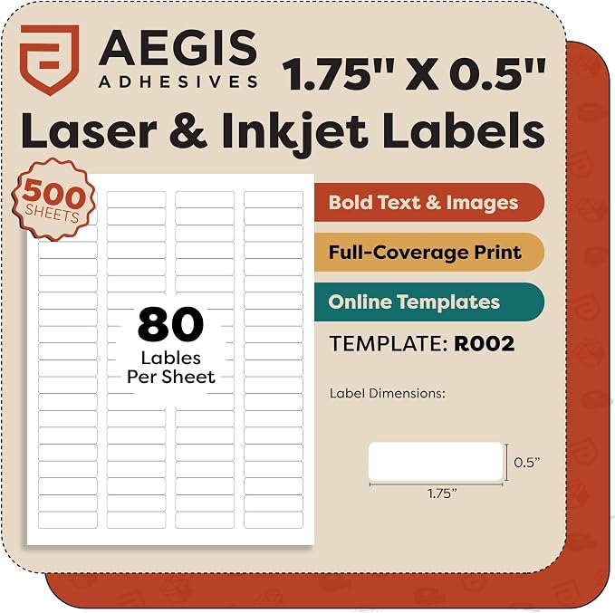 Shipping Labels, Address Labels for Laser Inkjet Printers, 1.75x0.5 Inches | Printable Custom Labels, Mailing Labels for Envelopes, File Folder-Aegis Adhesives Template R002 (500 Sheets, 40000 Stickers)