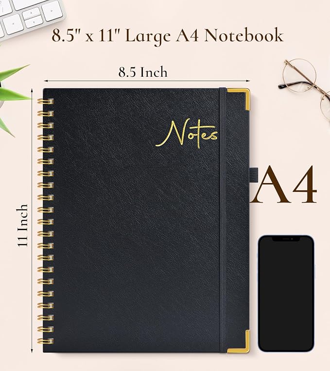 Hardcover Spiral Notebook Journal 8.5” x 11”, A4 Large Leather Notebooks for Women Men, Lined College Ruled Notebook, 100 GSM Paper, Spiral Bound Journals for Work School Note Taking Business, Black