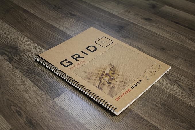 Orange Media Grid Sketchbook. Spiral Bound. Left Spine. Multi-Media. (8.5" x 11") 1/8" Box. (Blue Grid). SB-2550-LS