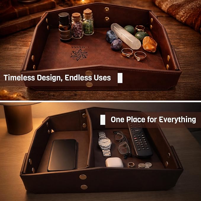 Valet Tray Organizer for Men & Women - PU Leather Catch All Tray with Removable Divider - EDC Storage for Keys, Watch, Phone - Nightstand, Dresser & Desk Organizer - Midnight Espresso