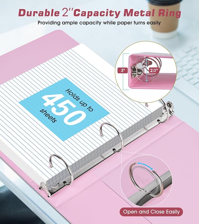 3 Ring Binder 2 inch，Cute Binder Organizer with 5 Tab Dividers Fits 175 Sheets of 8.5x11 Paper, Customizable Clear Cover with Inside Pockets, Aesthetic 2" Three Ring Binders for School Office，Pink