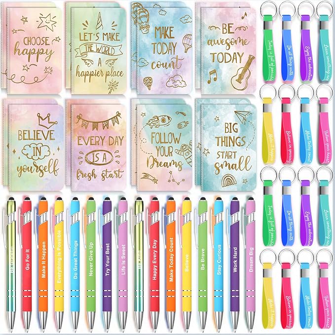 PerKoop 48 Pcs Inspirational Gifts Bulk Motivational Employee Notepads Ballpoint Pens Keychains Set for Staff Coworker Appreciation Gifts for Teachers Nurse Women Office Party Favor Supplies