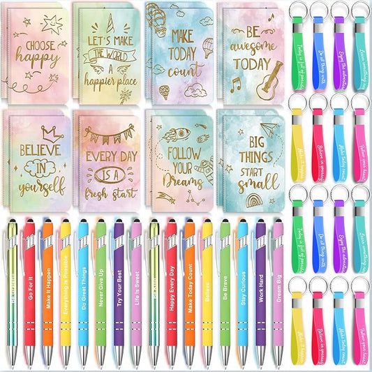 PerKoop 48 Pcs Inspirational Gifts Bulk Motivational Employee Notepads Ballpoint Pens Keychains Set for Staff Coworker Appreciation Gifts for Teachers Nurse Women Office Party Favor Supplies