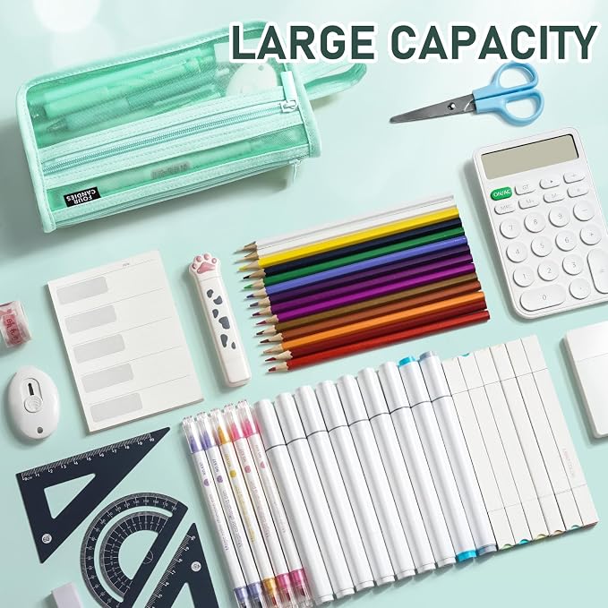 Four Candies Grid Mesh Pencil Case, Double-Layer, Clear, with Handle | Cute Stationary, Marker Organizer, Makeup Bag, Transparent Mesh, Smooth Zipper, Travel Friendly, for Adult Office College
