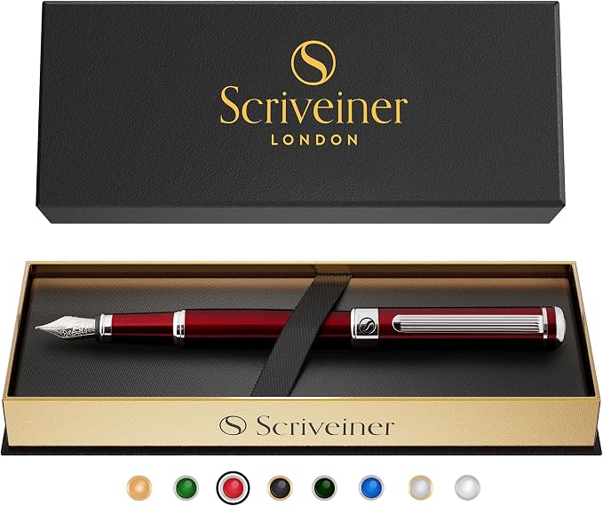 Scriveiner Deep Crimson Red Fountain Pen - Stunning Luxury Pen with Chrome Finish, Schmidt Nib (Fine), Best Pen Gift Set for Men & Women, Professional, Executive, Office, Nice Pens