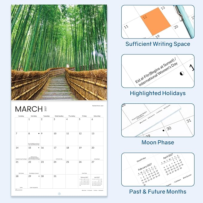 SUNEE Calendar 2026-2027 for Wall, 2027 Large Wall calendar 12x12 Inches with 16 Months from September 2026 to December 2027, Thick Glossy Paper, 12" x 24" (Open), Pathway