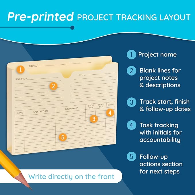 Blue Summit Supplies 50 Project File Folders, Reinforced Straight Cut Tab, 2 Inch Expansion Pocket, Preprinted Project Management Folder Design, Letter Size, Manila, 50 Pack