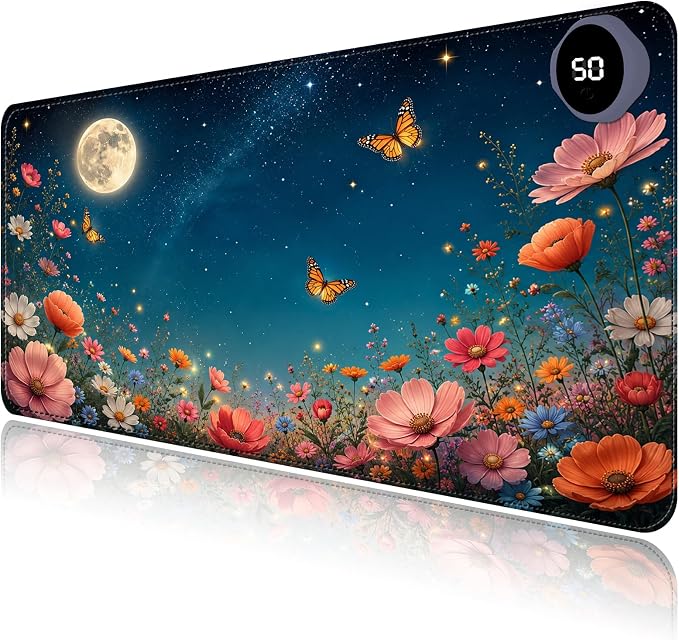 Large Heated Mouse Pad–23.6" x 14.2" Desk Mat for Office | 3 Adjustable Heat Levels,Auto Shut-Off After 3 Hours for Safety,Keeps Hands Warm While Working，Starry Sky Flower Field