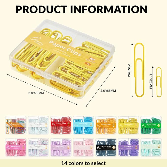 NEEWAY Colorful Paper Clips Assorted Sizes, Small and Large Paper Clips, 210 Count, 3 Pack of 70 (Yellow)