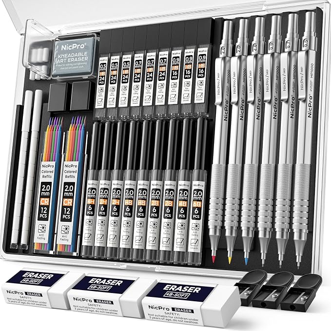 Nicpro 35PCS Silver Metal Mechanical Pencils Set in Case, Art Drafting Pencil 0.5, 0.7, 0.9 mm & 3PCS 2mm Graphite Lead Holder for Drawing Sketching With 20 Tube Lead Refills(6B 4B 2B HB 2H 4H Colors)