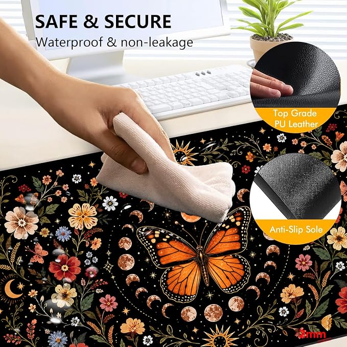 Large Heated Mouse Pad–31.5" x 13" Desk Mat for Office | 3 Adjustable Heat Levels,Auto Shut-Off After 3 Hours for Safety,Keeps Hands Warm While Working，Celestial Monarch Butterfly