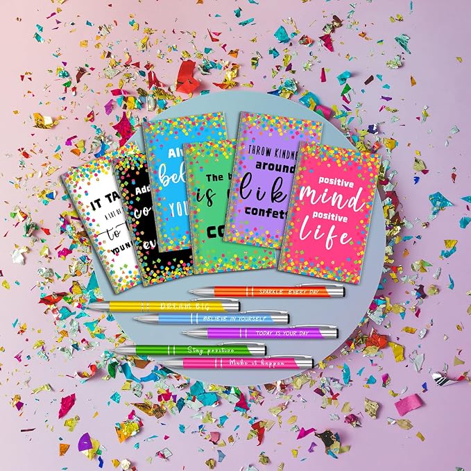 Geyee 24 Pcs Mini Motivational Pens Inspirational Notepads Bulk Appreciation Gifts Small Journals Funny Ballpoint Pen Set Prizes Men Women Office Travel Party Favors(Confetti)