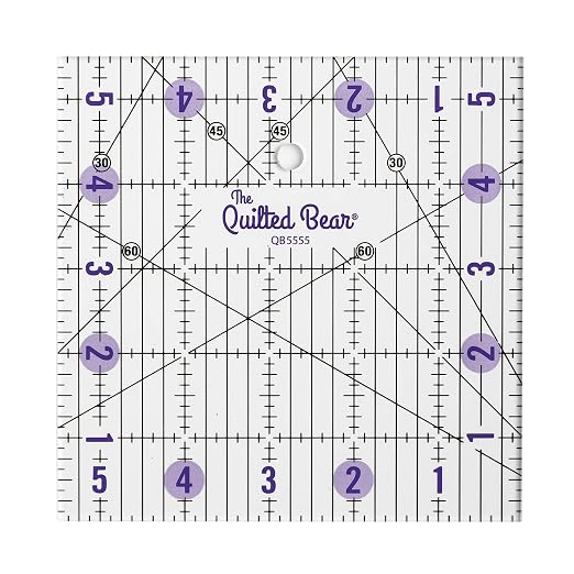 The Quilted Bear Square Quilting Ruler, Transparent Acrylic, 5.5" x 5.5" | Non-Slip, Precise Bold Lines, 30, 45 & 60 Degree Angles, 3mm Thick Transparent Acrylic, for Quilt Blocks, Sewing & Craft