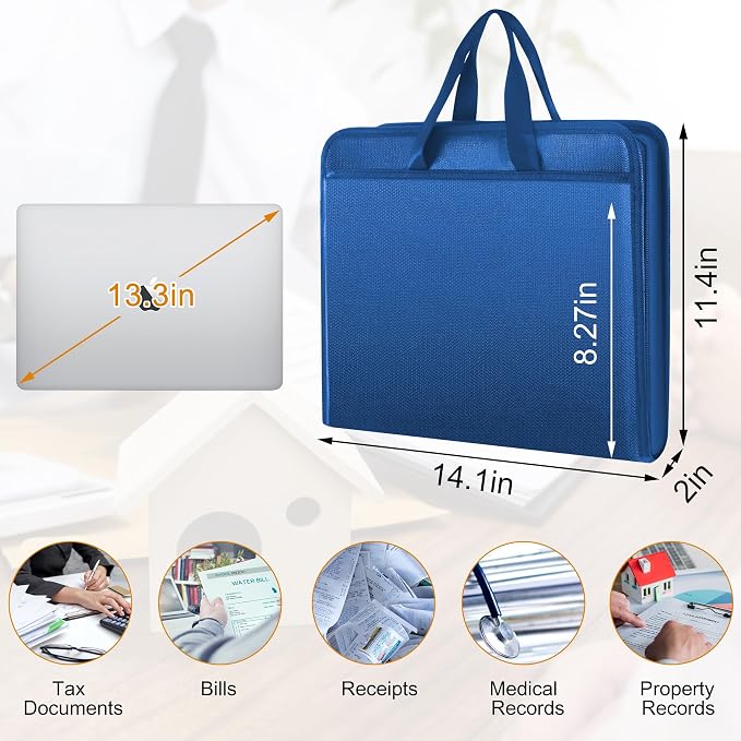 onvvippiv File Organizer Fireproof Expanding Accordion File Folder | Document Organizer Holder Storage Box Bag with Zipper Labels 13 Pockets for Business Office Receipt Home Travel