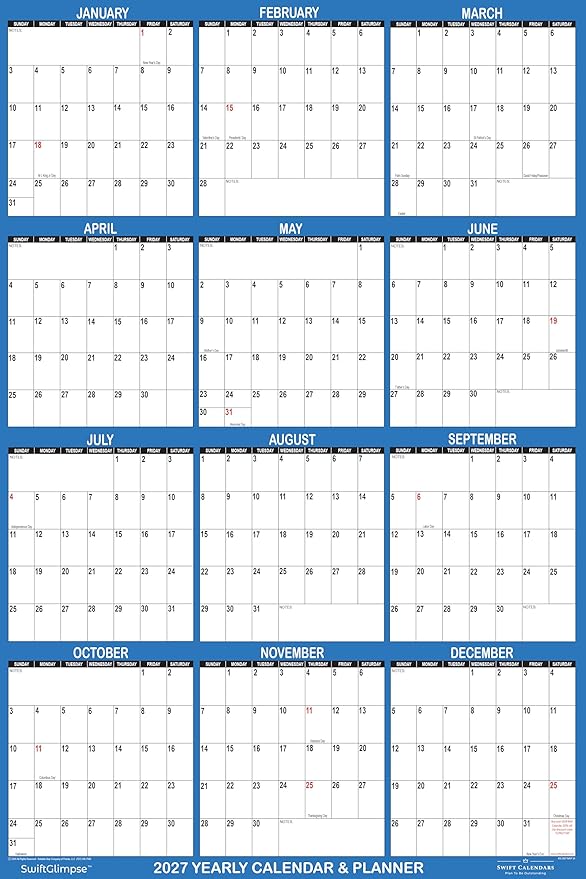 24" x 36" SwiftGlimpse 2027 Wall Calendar Erasable Large Wet & Dry Erase Laminated 12 Month Annual Yearly Wall Planner, Reversible, Horizontal/Vertical, Navy (2-PACK)