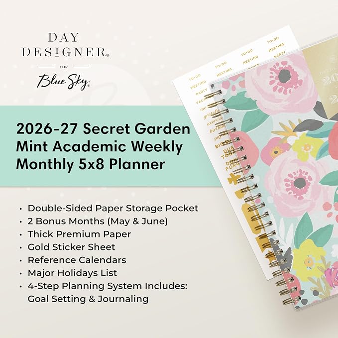 Blue Sky 2026-2027 Weekly & Monthly Academic Planner, 5"x8" | July 2026 - June 2027, Secret Garden Mint, Flexible Cover, Tabs, Storage Pocket, Stickers, Academic Year, Day Designer