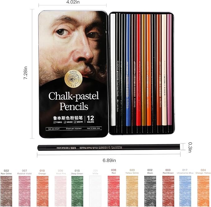 rubens Pastel Pencils, 12 Colors Soft Chalk Pastel Pencils Set for Artists, 4mm Core Chalk Colored Pencils in A Metal Tin, Blendable Chalks Pencils for Drawing, Sketching, Blending & Shading(Series A)