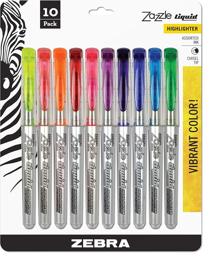 Zebra Pen Zazzle Liquid Highlighter, Assorted Ink Colors, Chisel Tip, 10-Pk