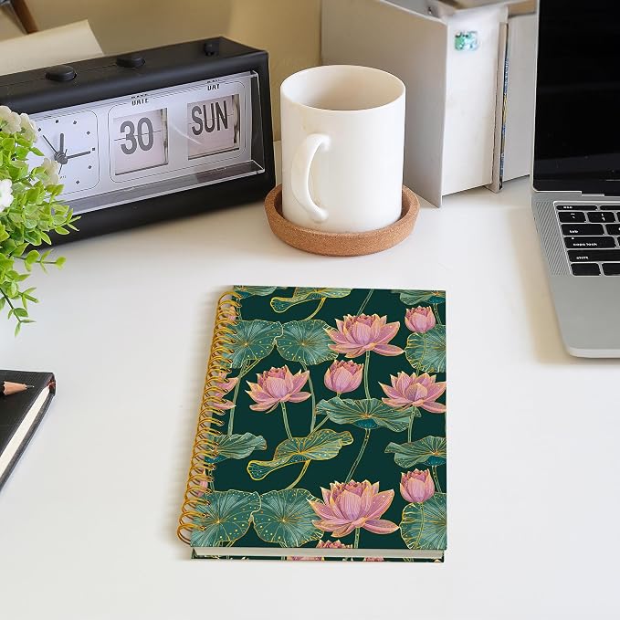 Pink Lotus Flower Spiral Notebook, Dark Green and Gold Lotus Leaves Floral Journal, Vintage Luxury Water Lily Nature Botanical Hardcover Notebook Journal, 5.5x8.3 Inch