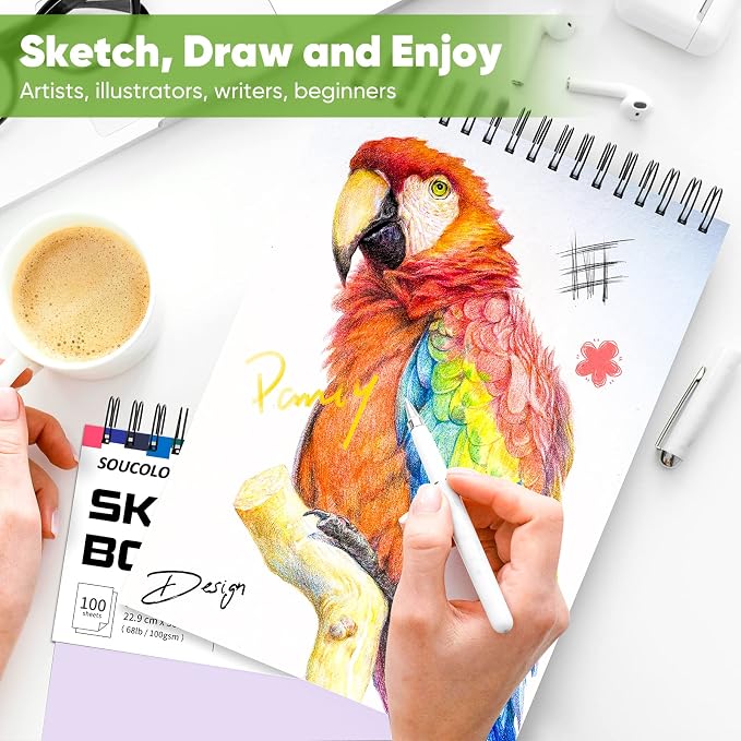 Soucolor 9x12 Sketch Book,100 Sheets Drawing Paper,Sketchbook for Teen Girl | Top Spiral Bound 68lb acid-free paper, Micro-perforated pages,Lay-flat top spiral ,Great for pencils, Pens & All dry media