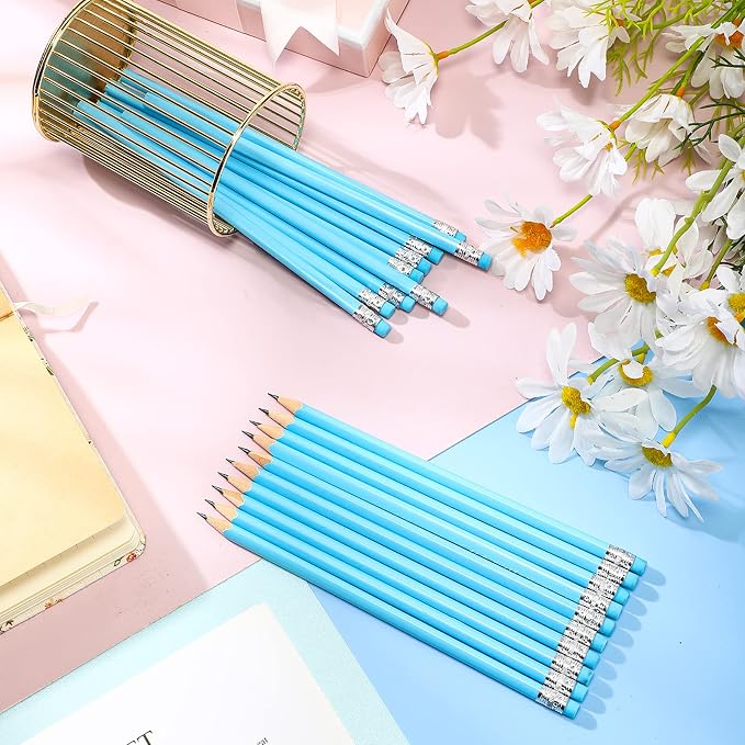 Tinlade 50 Pcs Blue Triangular Grip Pencils Wood Wedding Pencils HB Graphite Pencil Pack Eraser for Baby Shower Drawing Sketching Bridal Shower Office Supplies