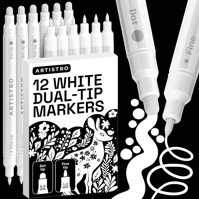 ARTISTRO 12 White Dual-Tip Acrylic Paint Markers – Paint Pens Set with Dot & Fine Tips for Fabric, Rock, Glass, Wood, Coloring Books – Arts & Crafts Gift – Classroom Must Haves & School Supplies