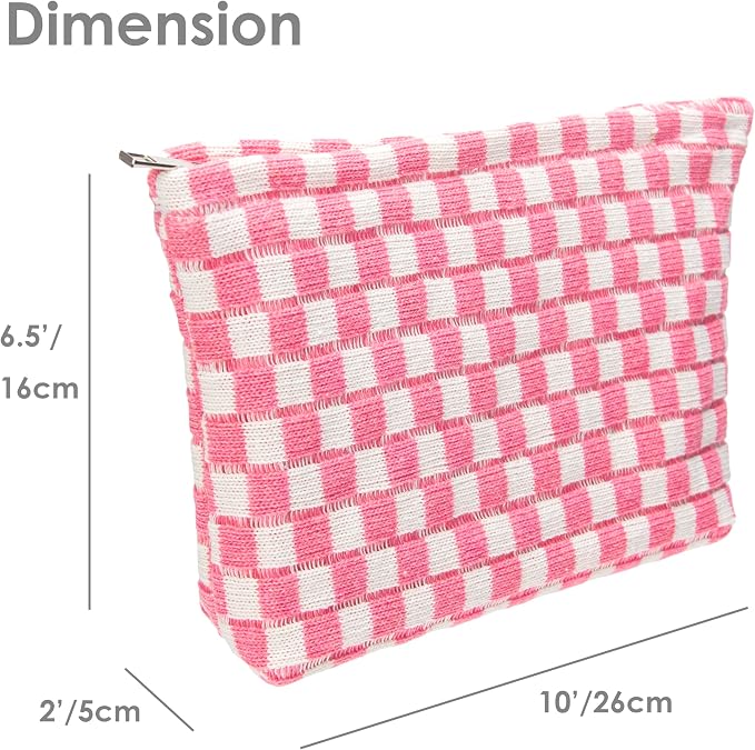 PAZIMIIK Checkered Makeup Bag for Purse, Small Flat Cosmetic Pouch,Pink | Cute Zipper Makeup Organizer for Women, Travel Essentials, Toiletries, Makeup Brushes, Beauty Accessories&Bridesmaid Gifts