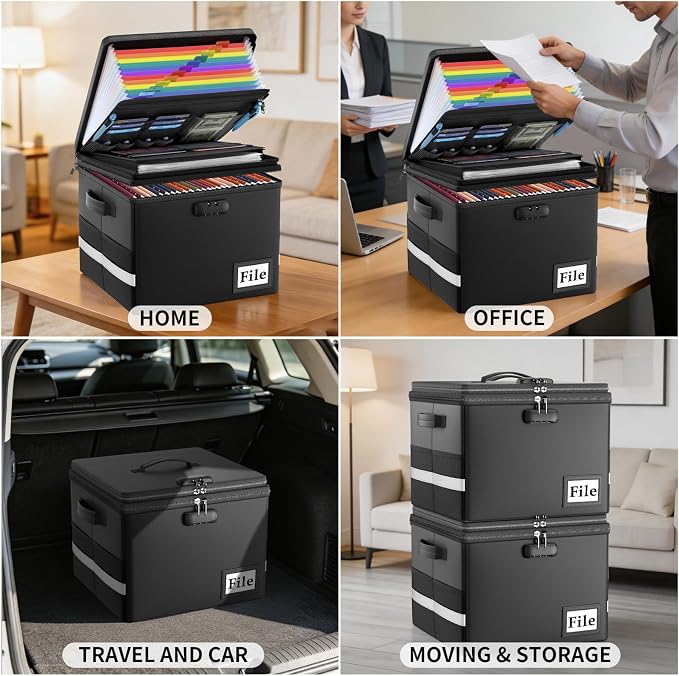 ENGPOW Fireproof Document Box with Locks and Accordion File Folder,Black | File Organizer with Multi-Pocket, Portable Home Office File Cabinet Safe Storage for Hanging Letter/Legal Size Folders