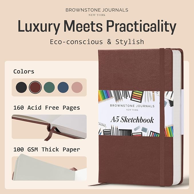 BROWNSTONE JOURNALS A5 Sketch Book Hardcover - 80 Sheets 100 GSM Paper 5"x8", Lay Flat, Vegan Leather Cover, Elastic Band, Back Pocket, Art Drawing Book (Chestnut Brown)