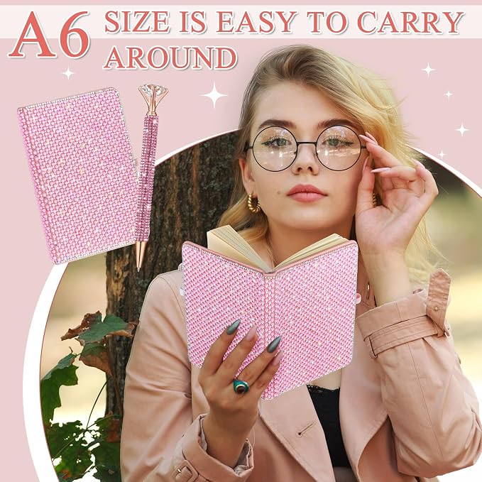 Rhinestone Pen & Glitter Notebook Set, Hard Cover Bling Diary Journal for Girls, Cute School Supplies for Back to School, Sparkly Desk Accessories Gift for Women(Pearl,A6,Pink)