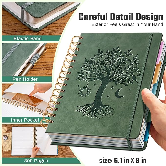 Ovesmusl Hardcover Spiral Notebook 6.1" x 8.4" with 5 Removable Dividers 300 Pages Leather 5 Subject Notebook College Ruled 100GSM Large Spiral Notebooks for Work Thick Lined Journal for Women, Green