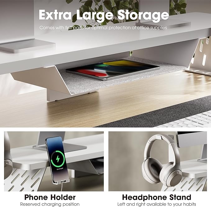 Fenge Dual Monitor Stand, Wooden Desk Shelf with Headphone & Phone Holder | 42.5" Monitor Riser with Storage Shelf, 2-Tier Monitor Shelf with Metal Leg for Home Office Organizer, White