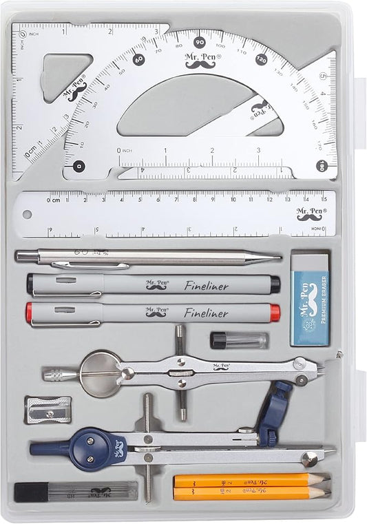 Mr. Pen- Professional Geometry Set, 15 pcs, Drafting Tools with Protractor | Compass, Metal Ruler, Triangles, Pens & Pencils, Complete Geometry & Drafting Kit for Architects, Engineers & Students