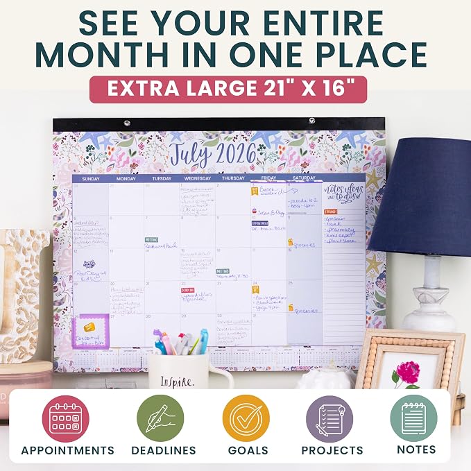 bloom daily planners Desk Calendar 2026-2027 - Academic Year Large Wall Calendar (July 2026 - July 2027) - 21” x 16” Desktop & Hanging Monthly Planner with Stickers for Home or Office - Seasonal