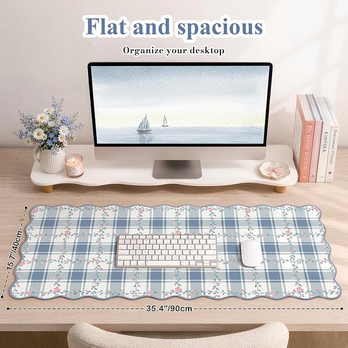 iCasso Leather Scalloped Checkered Mouse Pads for Desk, Aesthetic Floral Computer Mat, Back to School XXL Desk Mat for Keyboard and Mouse, Mousepad with Stitched Edges, Keyboard Pad(Light Blue)