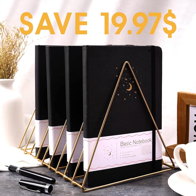 CAGIE 4 Pack Lined Journal Notebooks for Work, Hardcover Notebook Journal with Pen Loop, A5 Leather Notebook Journal Cover, Medium 5.7" x 8.3", (Black Ruled)