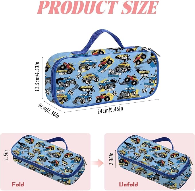 Monster Truck Pencil Case for Boys, Large Capacity Kids Car Pencil Box with Zipper Compartments, Portable Pen Pouch Bag for Office School Travel