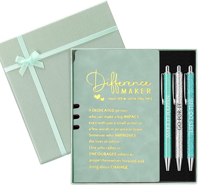 Thenshop 5 Pcs Difference Maker Gifts Journal with Pen Leather Notebook 3 Ballpoint Pens Box Thank You Gift for Nurse Boss Employee Coworker Teacher Volunteer Social Worker Assistant(Green)