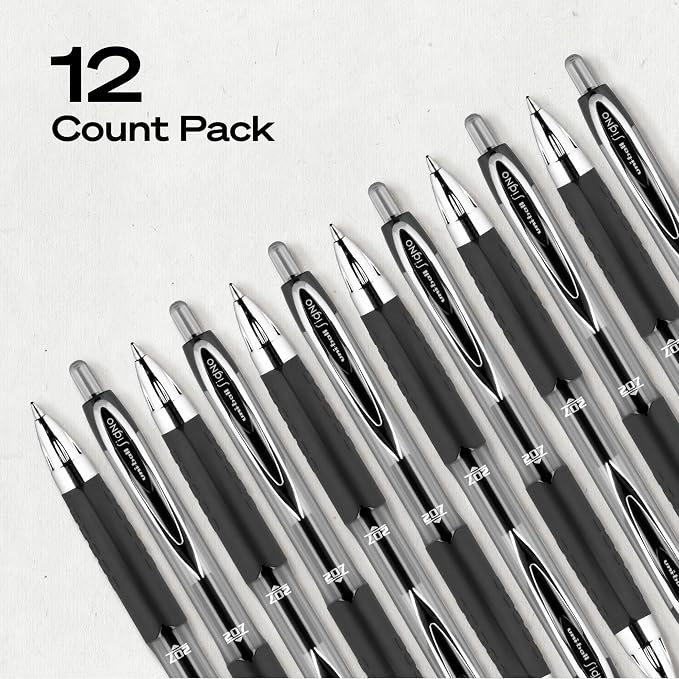 uniball™ 207 Gel Pens, Black Ink, 0.7mm Medium Point, Retractable, 12 Count, Smooth Writing, Fraud-Resistant, uni Super Ink™