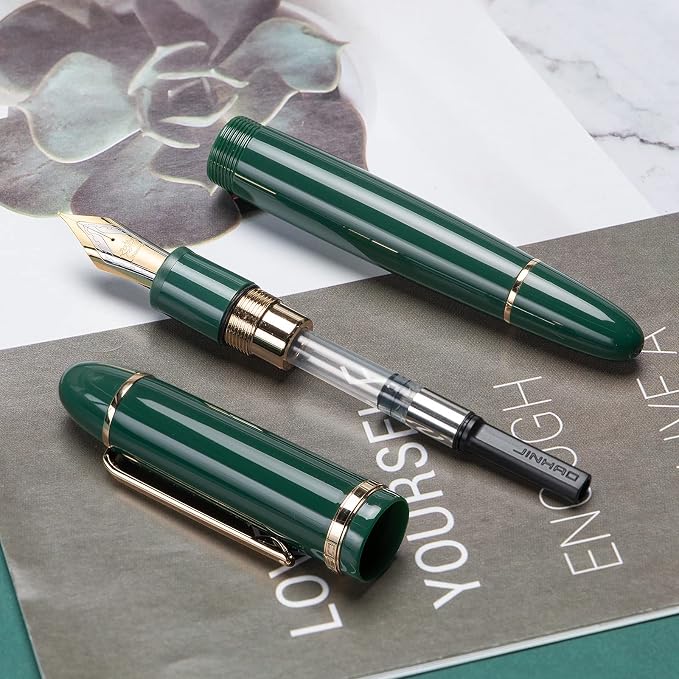 Jinhao X159 Dark Green Acrylic Fountain Pen, Size 8 Extra Fine Nib Gold Trim Classic Design Smooth Writing Pen with Converter