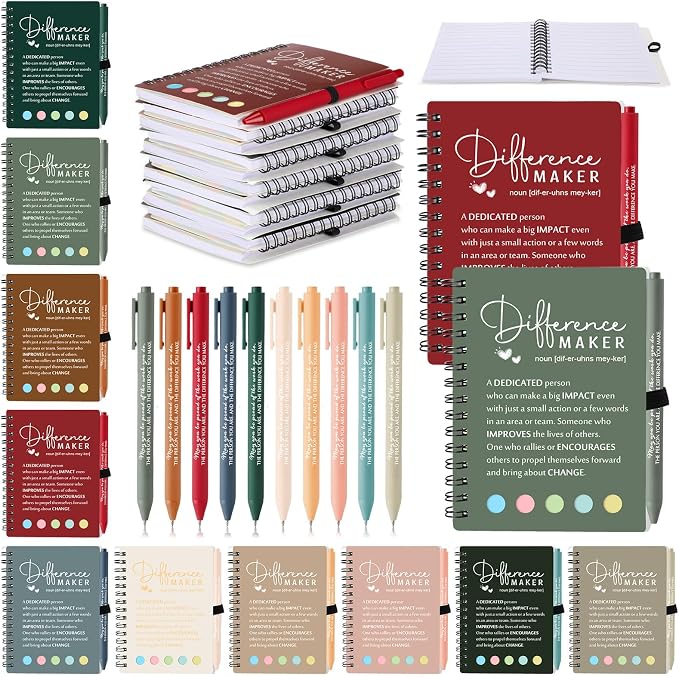 Resurhang 25 Sets Difference Maker Employee Appreciation Gift Bulk Inspirational A6 Spiral Notebook Journal Ballpoint Pens for Teacher Volunteer Coworker Team Back to School (Warm Colors)