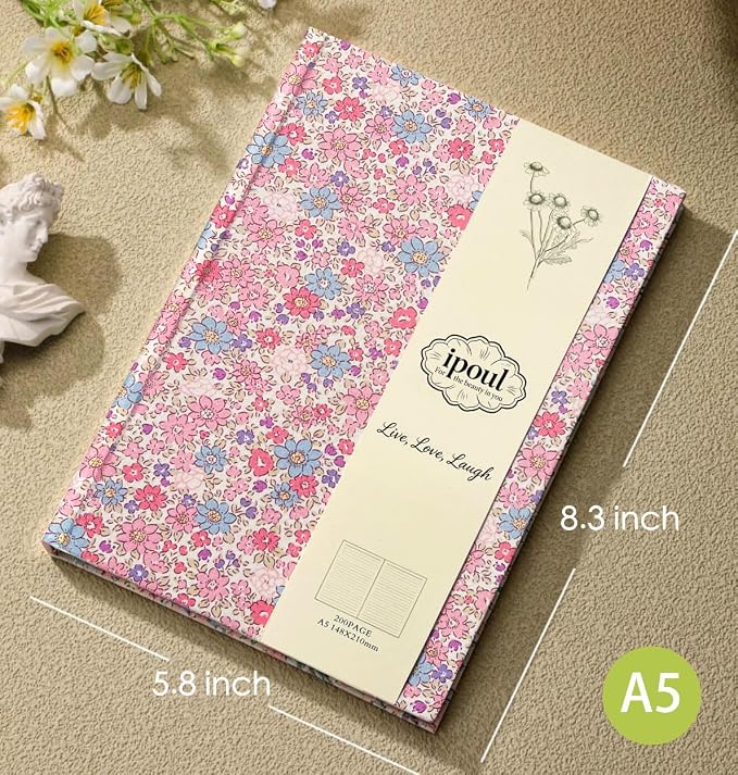 Pink Journal, Floral Notebook, A5, Ruled, Journal for Teen Girls, Writing Notebook, Hardcover, Lay-flat, Pretty Girls Diary, Birthday Gift for Women, Daughter, Granddaughter, School Supplies