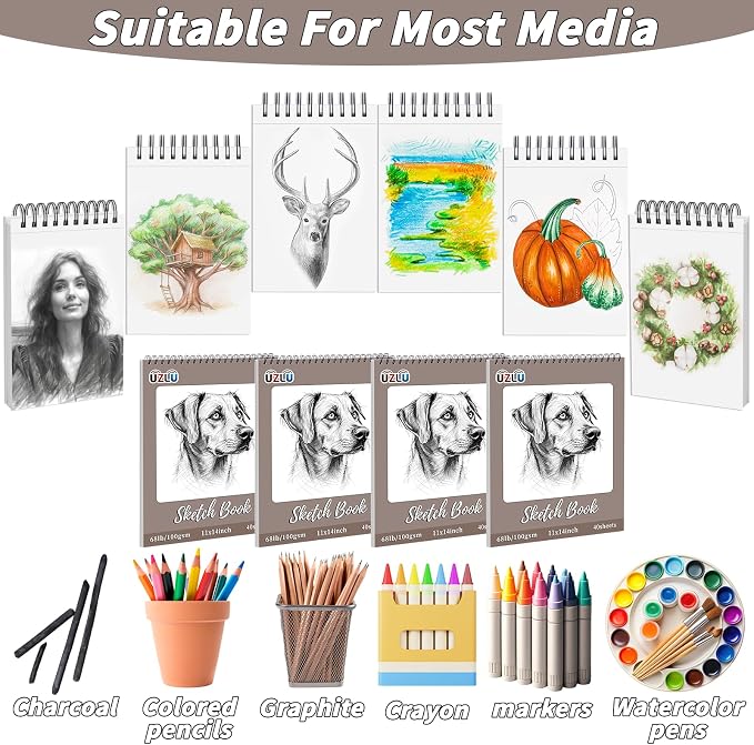 4 Pcs Sketch Books Bulk 11 x 14 in 160 Sheets Top Spiral Bound Sketch Pad Drawing Paper 40 Sheets Each Acid Free Mixed Media Sketchbook 68lb/100gsm Art Supplies for Beginner Artist