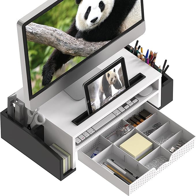 Simple Houseware Desk Monitor Stand Riser w/ Adjustable Tray, Black/White | Built-In Tablet Slot and Side Storage
