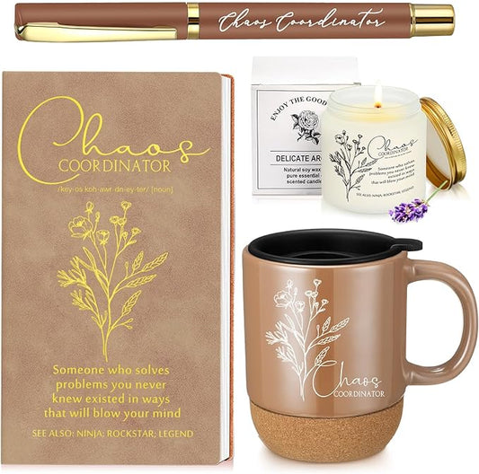 Sayglossy 4 Pcs Chaos Coordinator Gift Set Back to School Gift for Teachers Women Men Notebook Coffee Mug Scented Candle Ballpoint Pen for Teacher Assistant Principal Class School Staff Coworker