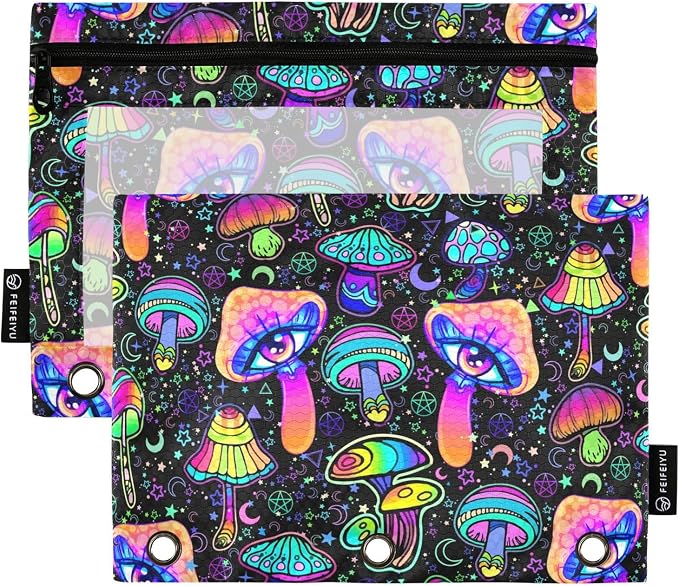 Magic Mushrooms Pencil Pouches for 3 Ring Binder 2 Pack | Binder Pencil Case With Zipper Reinforced GrommetsPencil Bags for Office Organizers